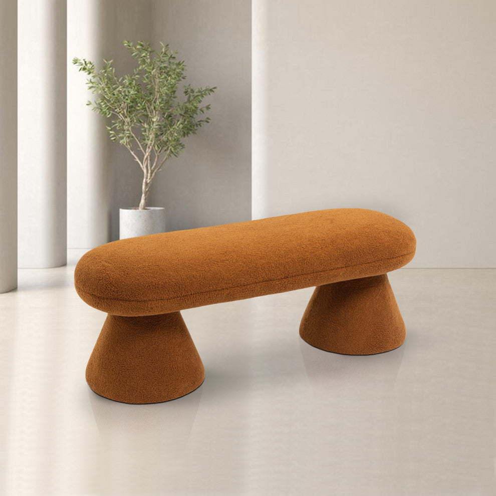 Drum Faux Shearling Teddy Fabric Upholstered Bench, Saddle