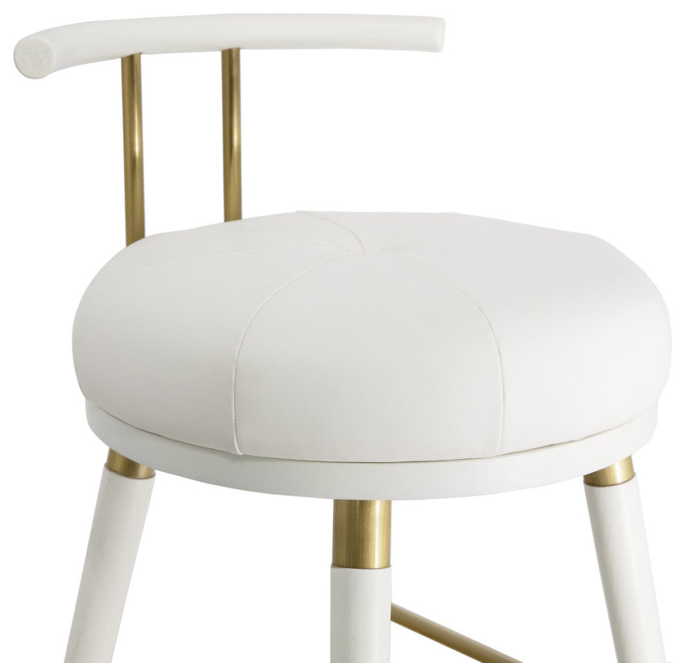 Dolores White Faux Leather Counter Stool, Tufted Gold Round Seat Barstool, Counter Stool