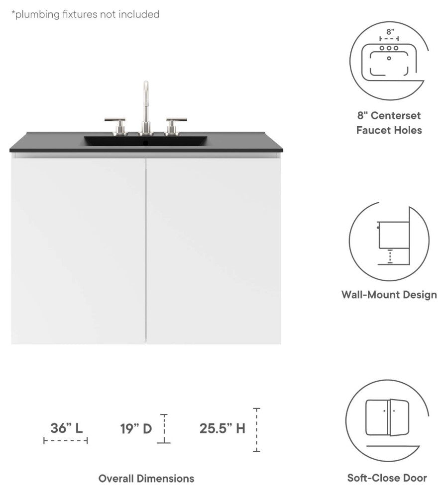 Sink Vanity Cabinet, Wall Mount, Black White, Ceramic, Modern, Hotel Bathroom
