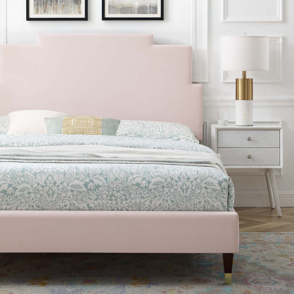 Platform Bed Frame, Queen Size, Velvet, Pink, Modern Contemporary, Bedroom