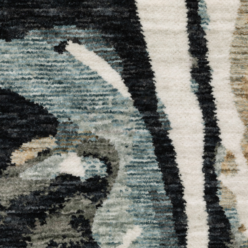 Easely Modern Abstract Elements Steel Blue/ Ivory Area Rug, 6'7" x 9'6"