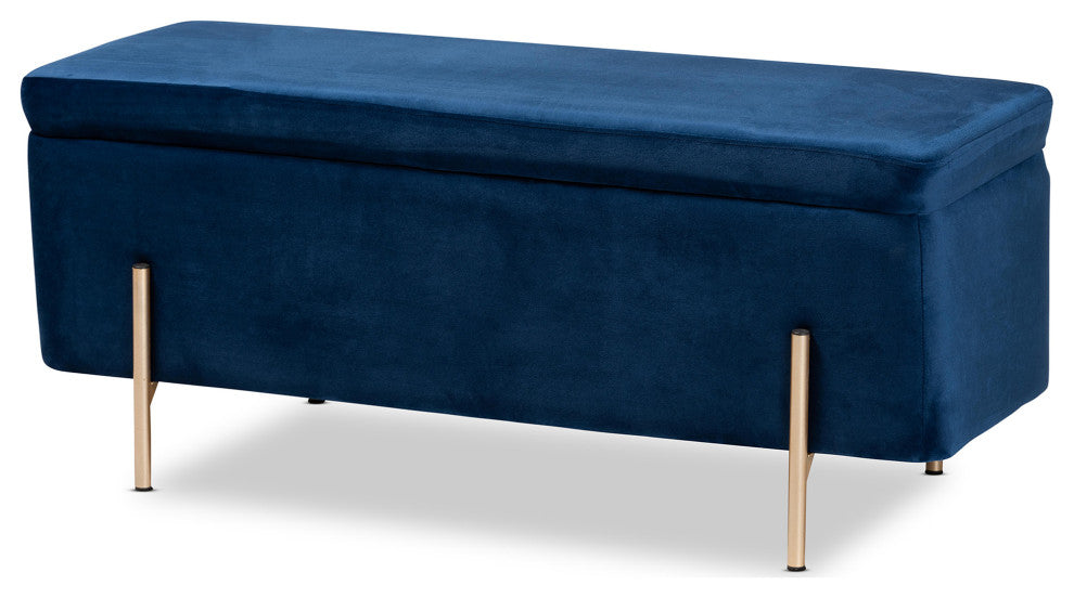 Aaran Glam Velvet Fabric Upholstered Storage Bench Navy Blue