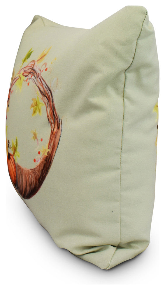 Cornicopia Wreath Light Green Fall Print Outdoor Decorative Throw Pillow, 18"