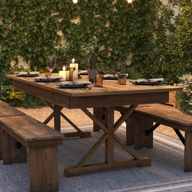 HERCULES 7' x 40" Rectangular Solid Pine Farm Table with X Legs, Antique Rustic