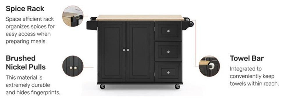 Homestyles Mobile Kitchen Island Cart with Wood Drop Leaf Breakfast Bar in Black