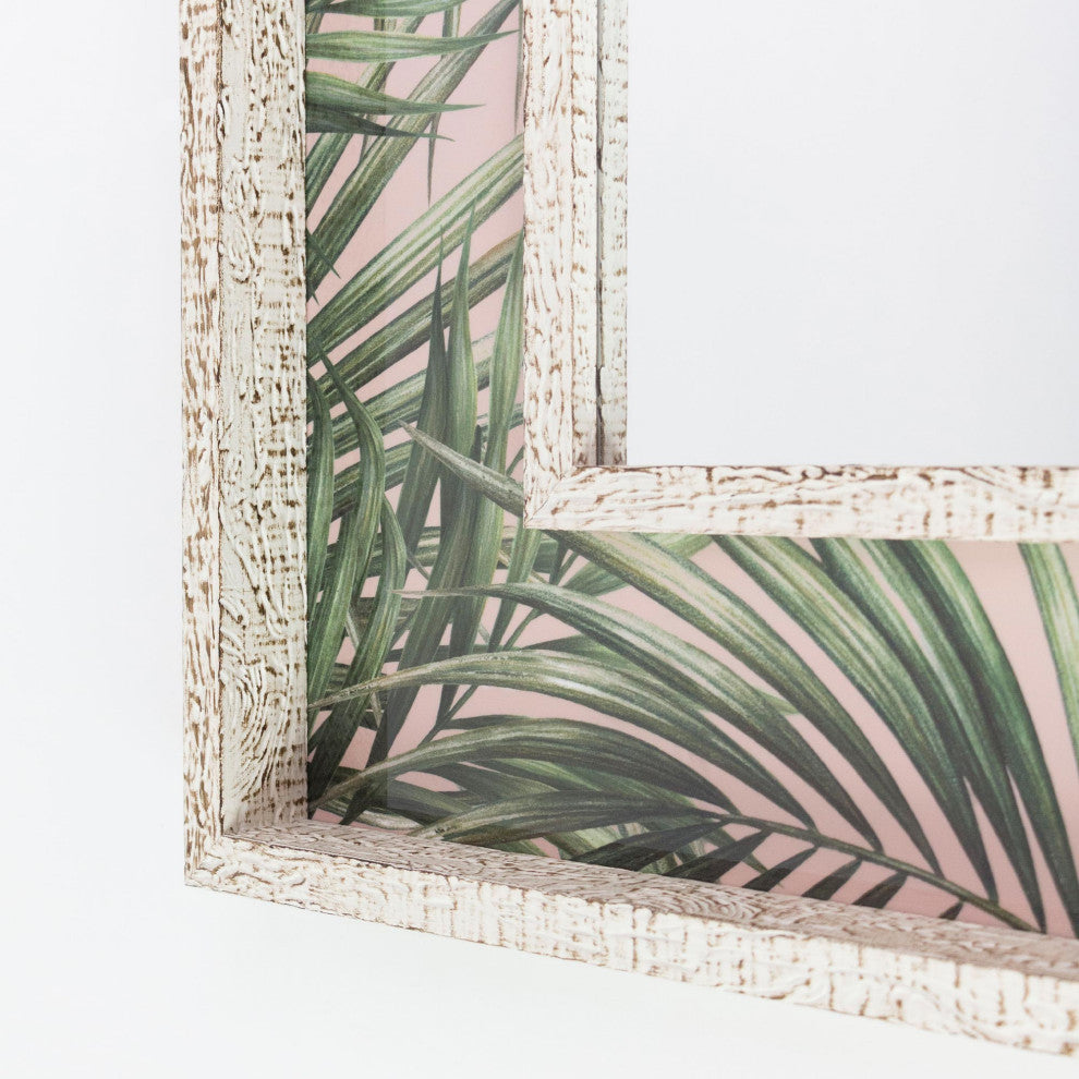 Tropical Leaves Print Distressed White Raised Lip Double Framed Accent Mirror