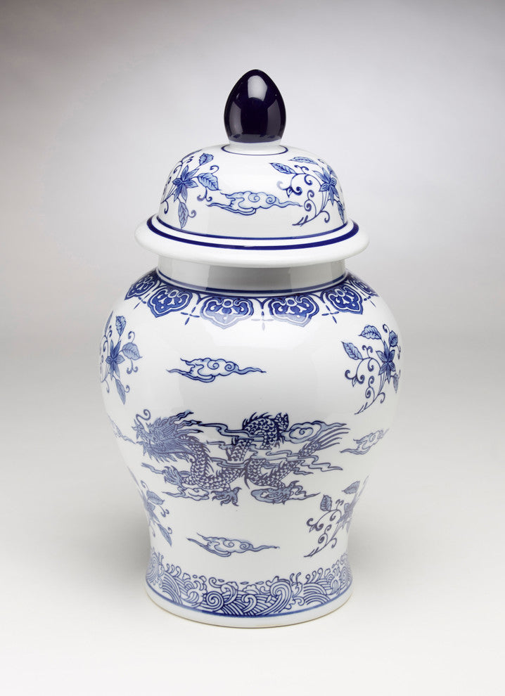 18" Blue and White Ginger Jar With Lid