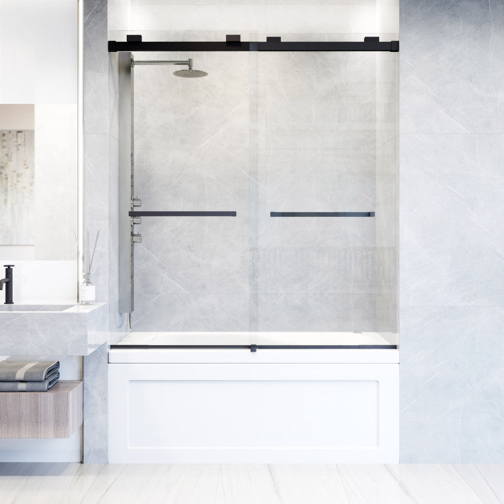VIGO Houston Frameless Sliding, V-Motion, Matte Black, Tub Door, 56" to 60" W X 66" H, Clear Glass