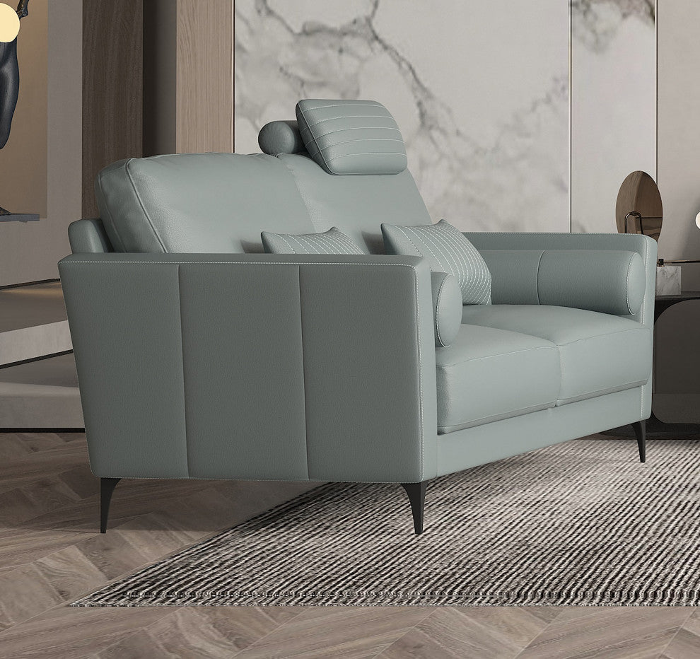 Leather Upholstered Loveseat With Five Pillows, Watery