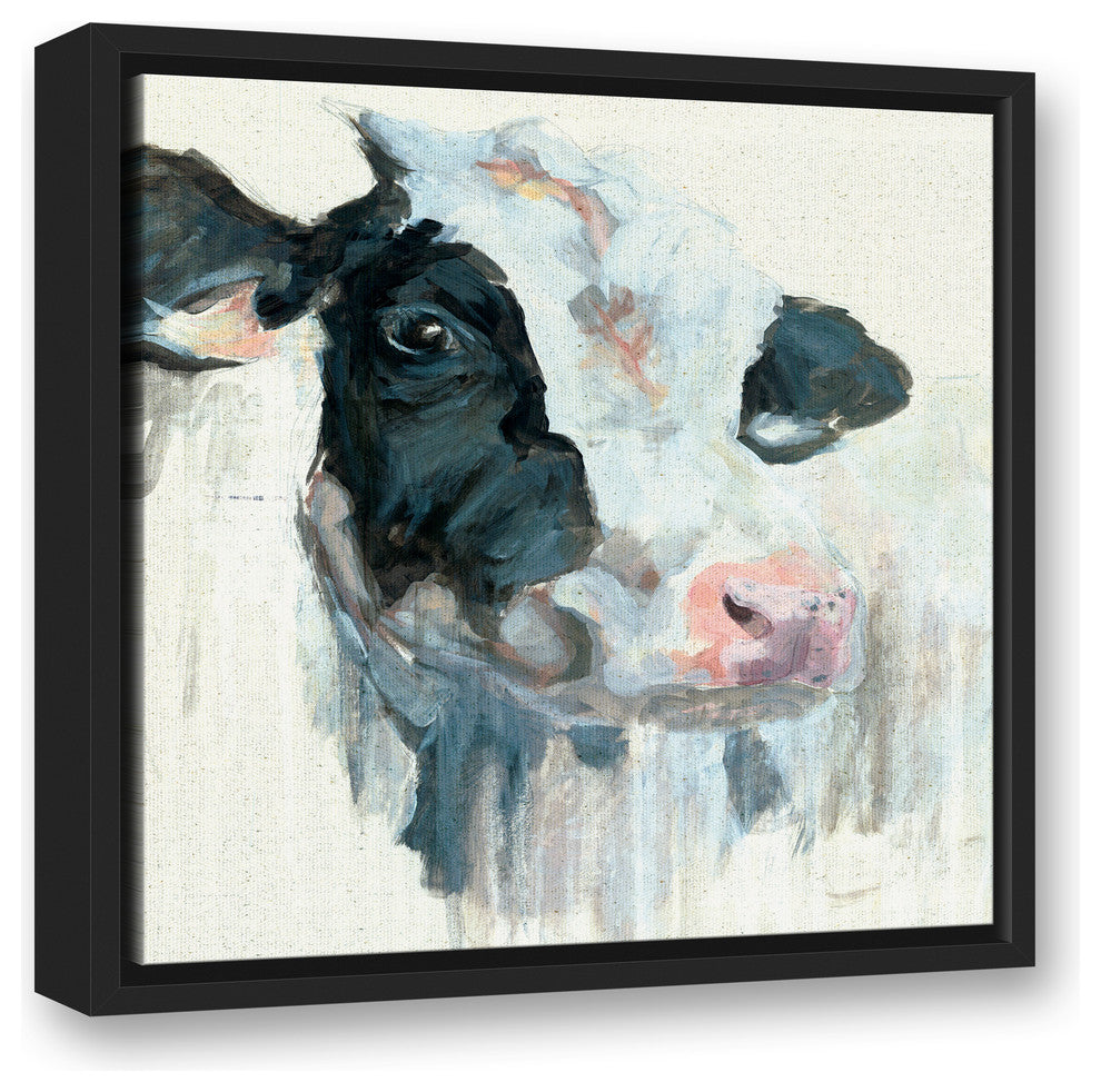 Curious Painted Dairy Cow 16x16 Black Floating Framed Canvas