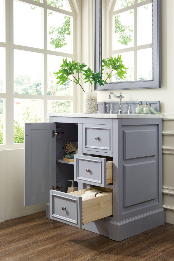 De Soto 30" Vanity, Silver Gray, Carrara Marble Top