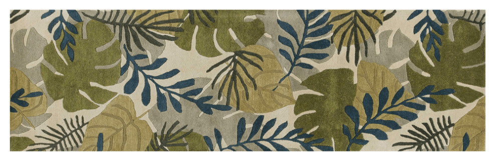 8' Ivory Hand Tufted Oversized Tropical Leaves Indoor Runner Rug