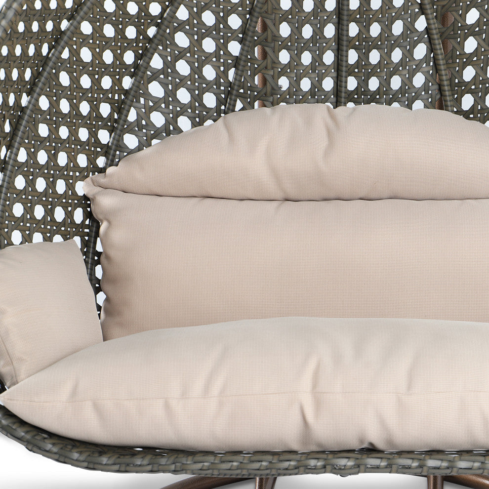 LeisureMod Modern 2 Person Wicker Double Hanging Egg Swing Chair, Beige