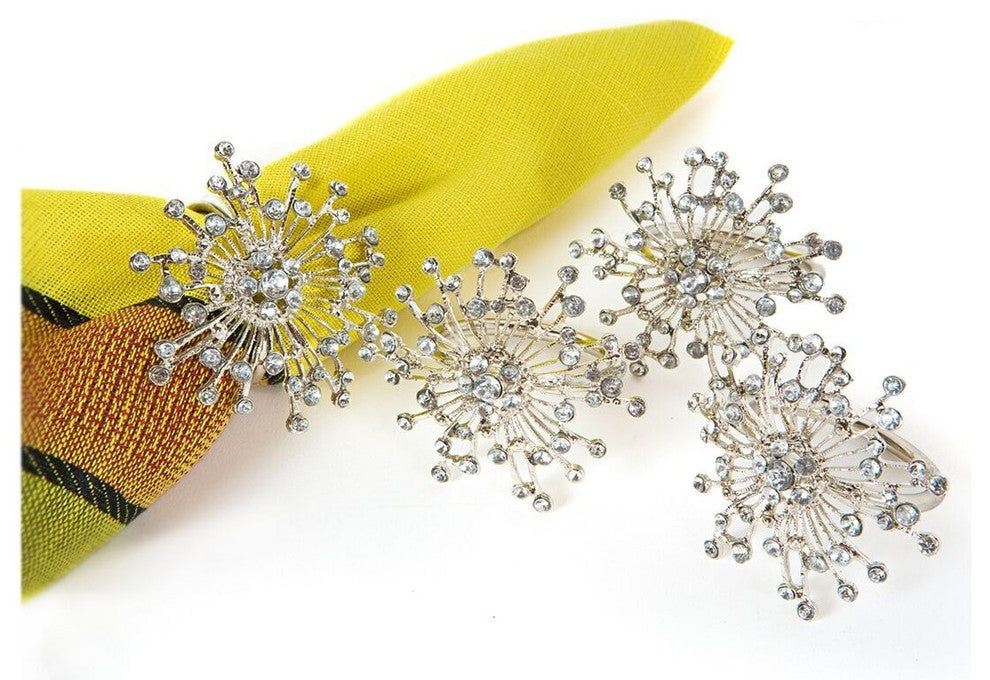 Snowflake Holiday Elegant Jeweled Metal Napkin Rings, Silver, Set of 4