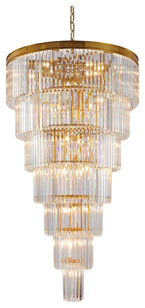 36" 34-Light Brass Metal 7-Tier Chandelier With Clear Crystals, Brass, D36'' H72''