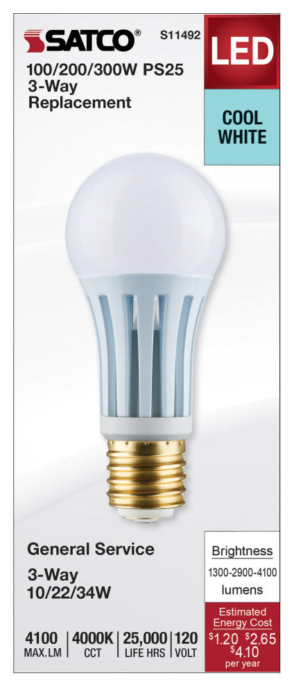 10/22/34W PS25 LED Three-Way Lamp, E39d Mogul Base, 4000K, White Finish, 120
