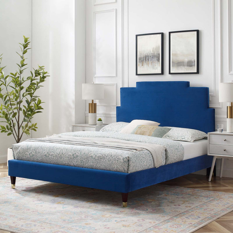 Platform Bed Frame, Queen Size, Velvet, Blue Navy, Modern Contemporary, Bedroom