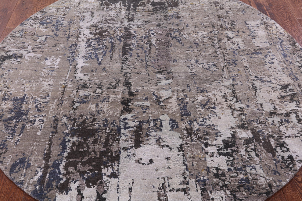 6' Round Wool & Silk Abstract Hand-Knotted Rug - Q14870