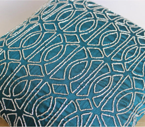 Green Art Silk 14x14 Lattice Trellis Pillowcases, Geometric Royal Peacock Green