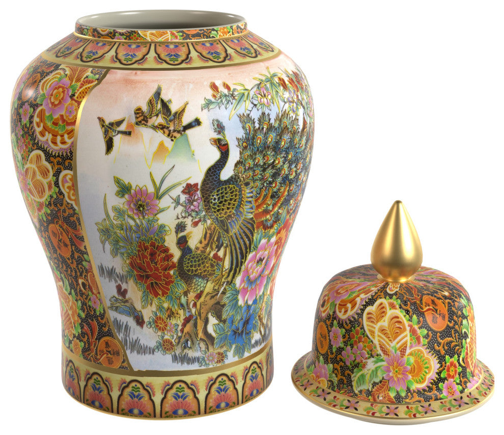 32" Satsuma Peacock Porcelain Temple Jar