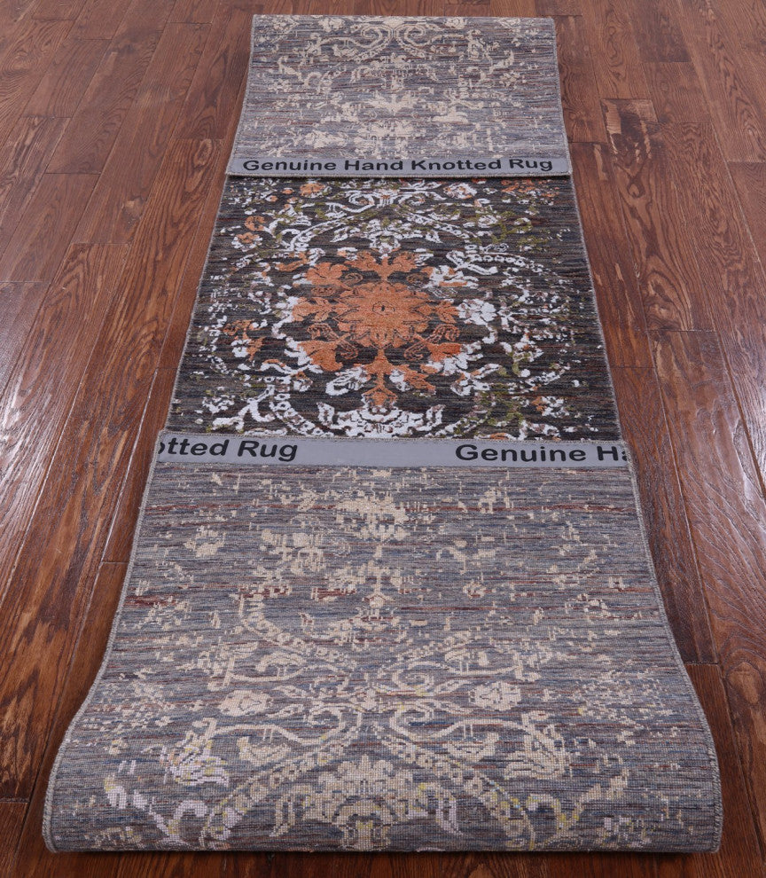 Modern Wool and Silk Hand-Knotted Runner Rug 2' 6" X 11' 11" Q9251