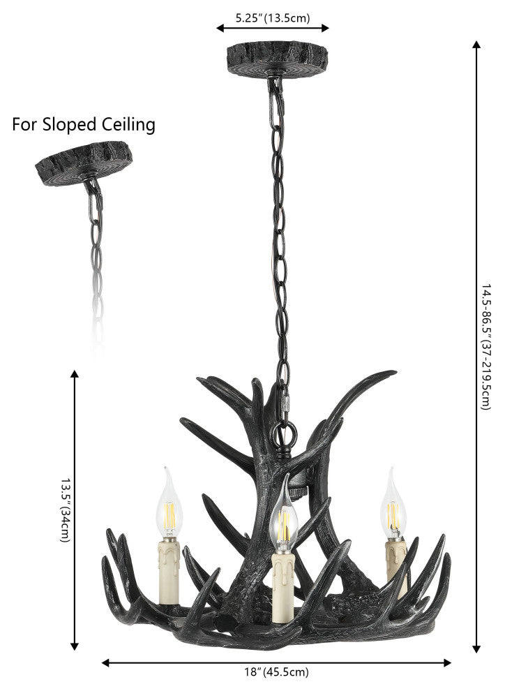 Eldora 18" Adjustable Resin Antler 3-Light LED Chandelier, Black