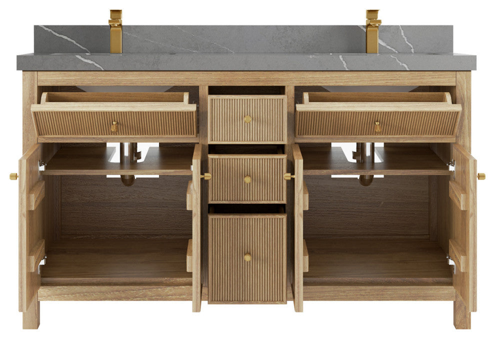 Sonoma Teak 60 Double Bath Vanity in Light  Natural with 2" Piatra Gray Quartz