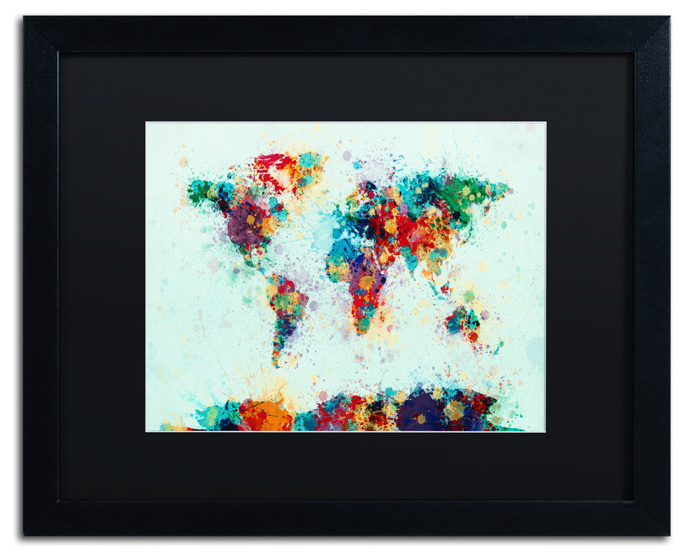 Michael Tompsett 'World Map Paint Splash' Matted Framed Art, Black Mat, 20"x16"