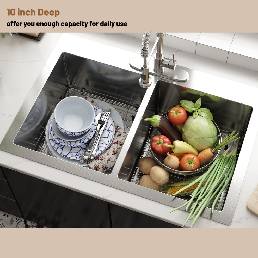 Stainless Steel Topmount Double Bowl Kitchen Sink with Accessories