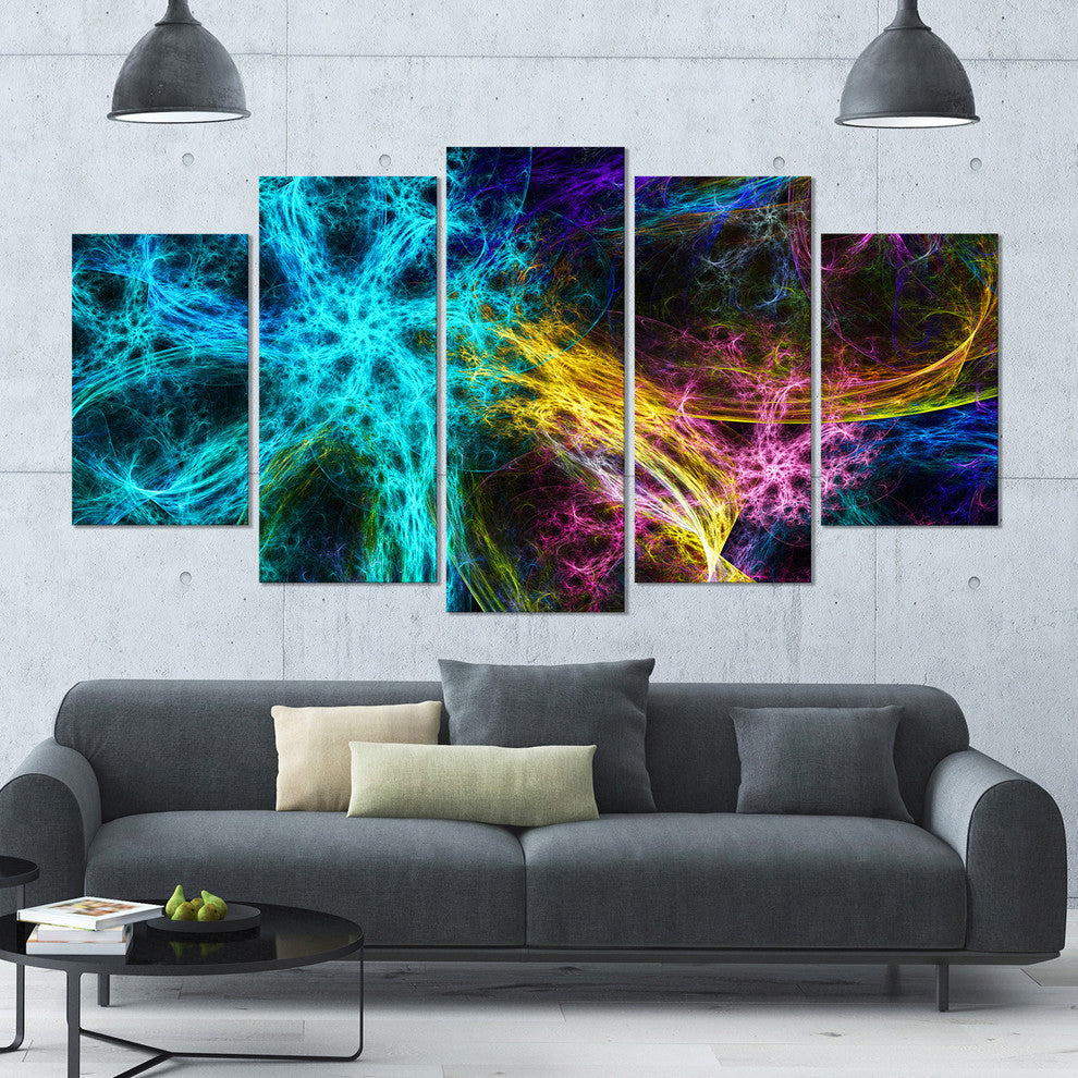 Glowing Abstract Fireworks, Contemporary Canvas Art Print, 60"x32", 5 Panels