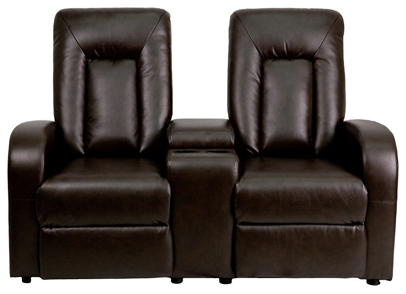 2-Seat Push Button Motorized Reclining Brown Leather Theater Seating