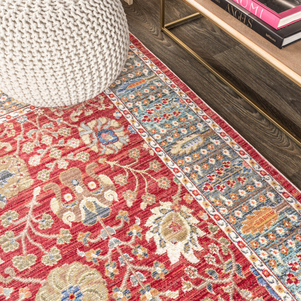 India Flower Area Rug, Burgundy, 5x8