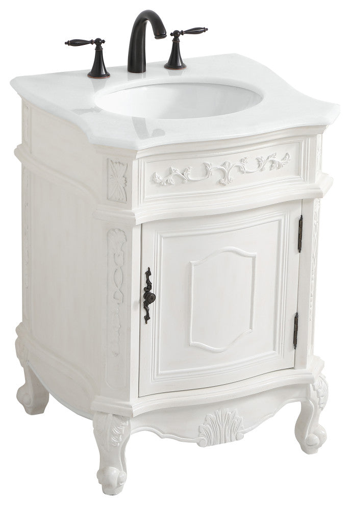 24" Single Bathroom Vanity, Antique White With Ivory White Engineered Marble