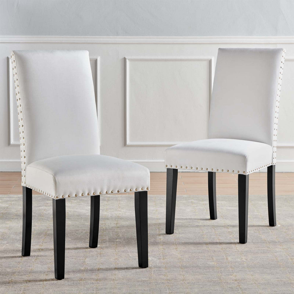 Side Dining Chair, Set of 2, Velvet, Wood, White, Modern, Cafe Bistro Restaurant