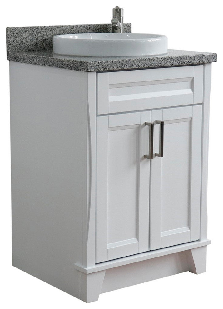 25" Single Sink Vanity, White Finish With Gray Granite And Round Sink