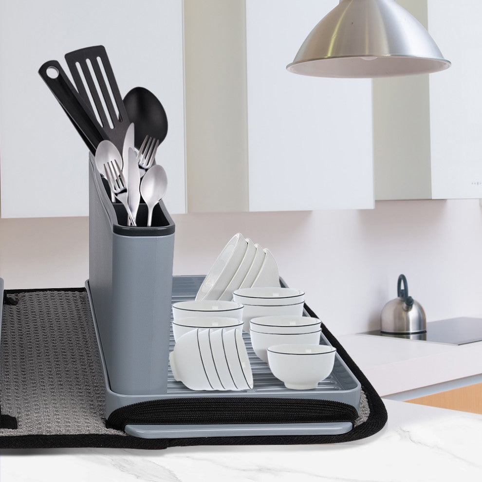 Dish Rack Set with Sponge Drying Mat in Gray