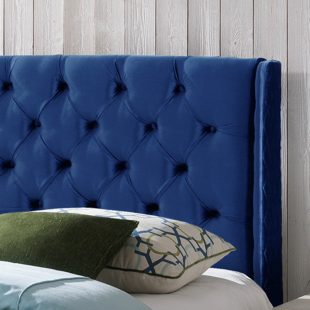 GDF Studio Lidia Wingback Queen/Full Tufted Fabric Headboard, Navy Blue