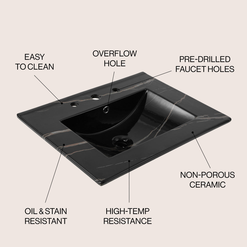 Ancillary 3-Hole Contemporary Rectangular Ceramic Single Sink Basin Vanity Top