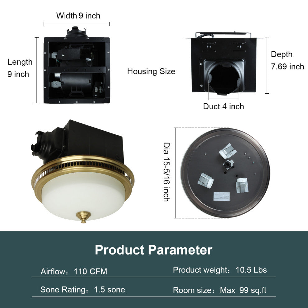Bathroom Exhaust Fan With LED Light and Nightlight 110CFM 1.5 Sone Brushed Gold