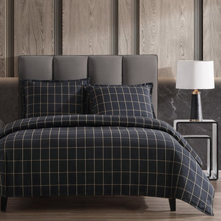 Windowpane Plaid Duvet Cover Set, 3PC, Black, Super Queen