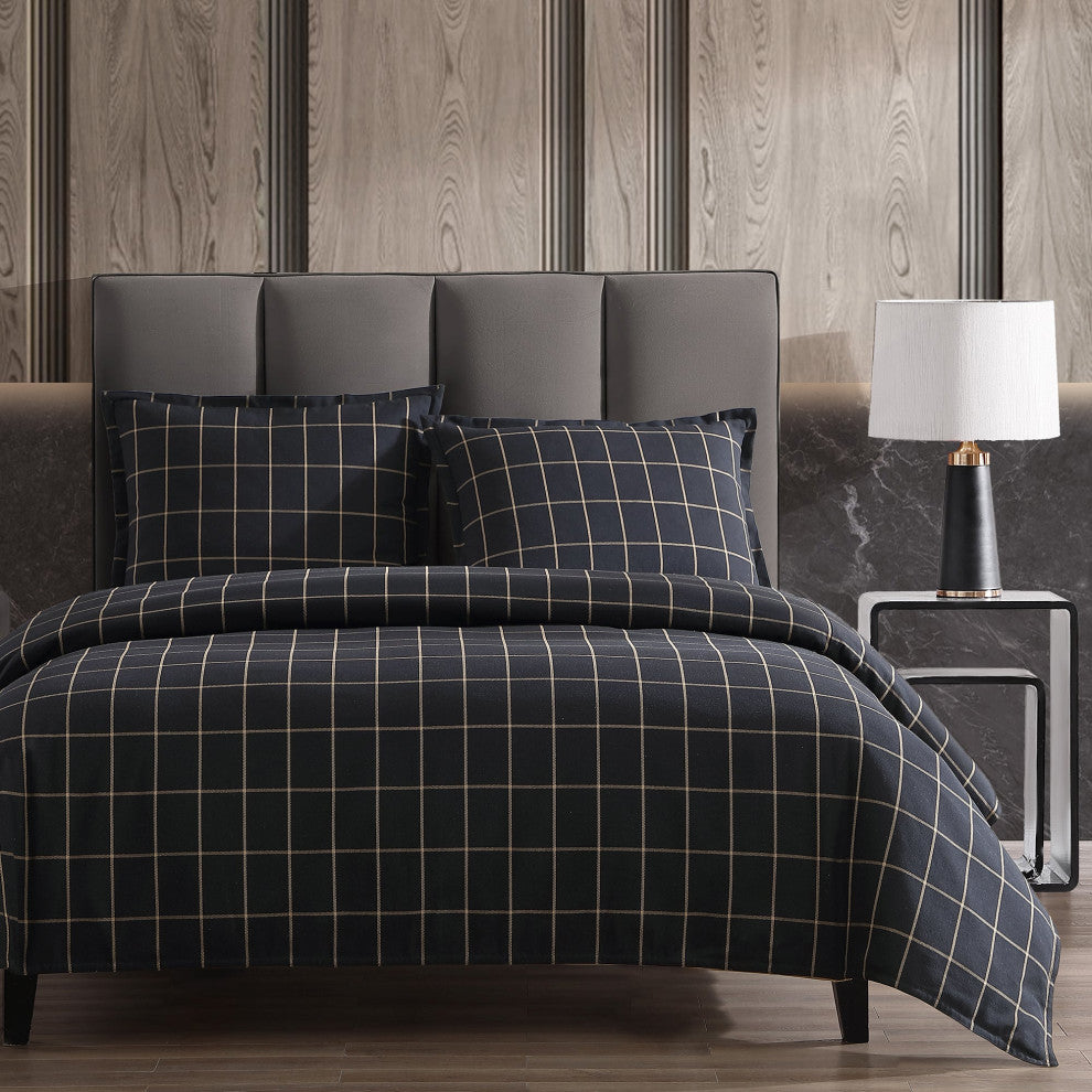 Windowpane Plaid Duvet Cover Set, 3PC, Black, Super Queen
