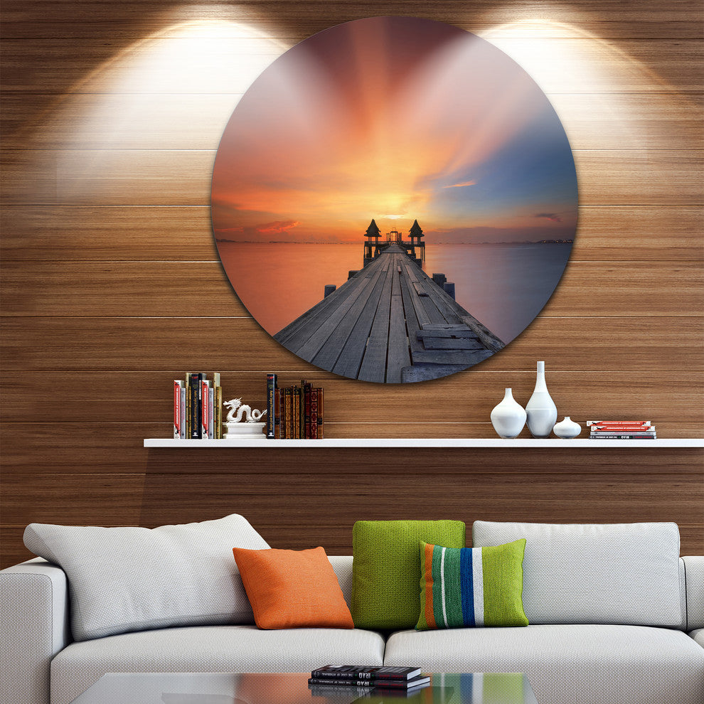 Wooden Bridge Under Illuminated Sky, Seascape Disc Metal Wall Art, 36"