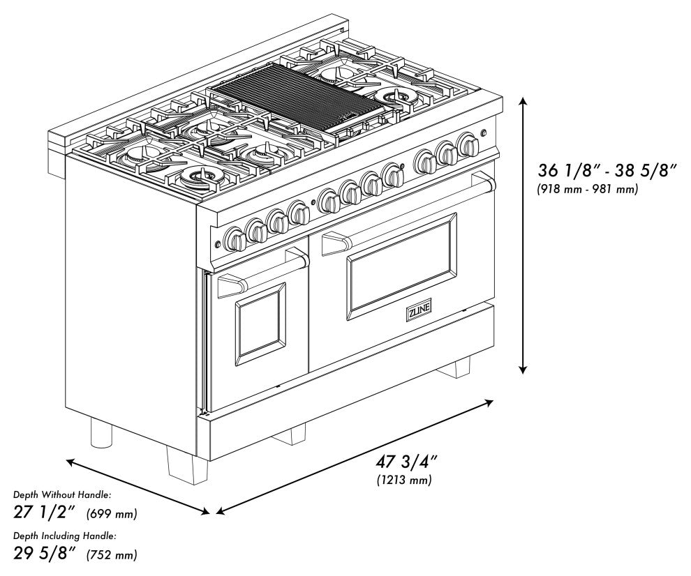 ZLINE 48" Dual Fuel Range, Black Stainless Steel With Gold Accents RABZ-48-G