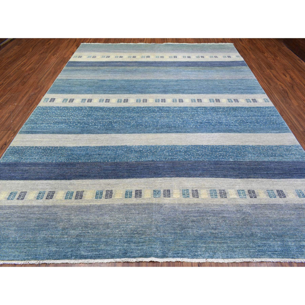 Light Blue Afghan Kashkuli Gabbeh Design Pure Wool Hand Knotted Rug, 9'0"x11'9"