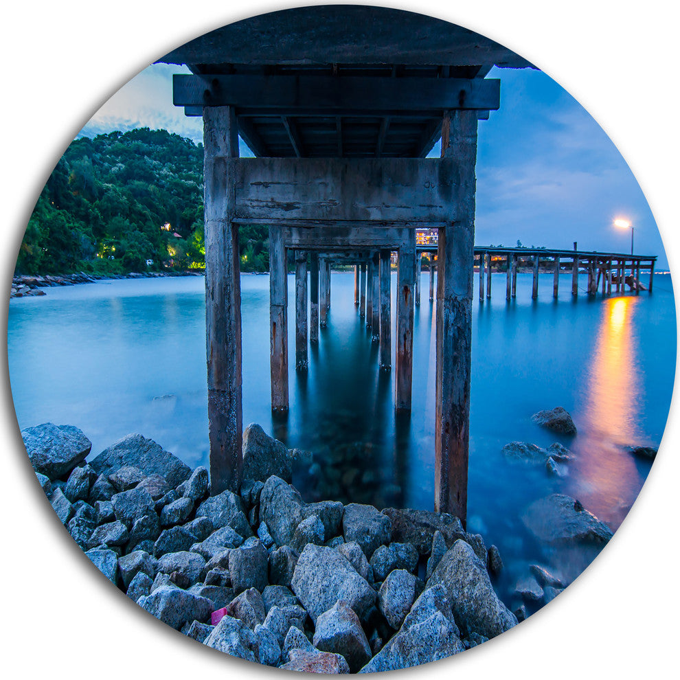 Under Wood Bridge At Twilight, Sea Bridge Disc Metal Wall Art, 36"