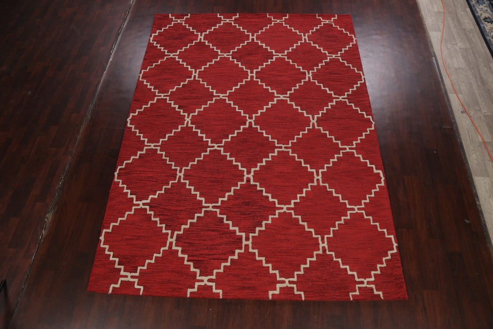 Red Trellis Contemporary Oriental Area Rug Hand-tufted Wool Carpet 8x11