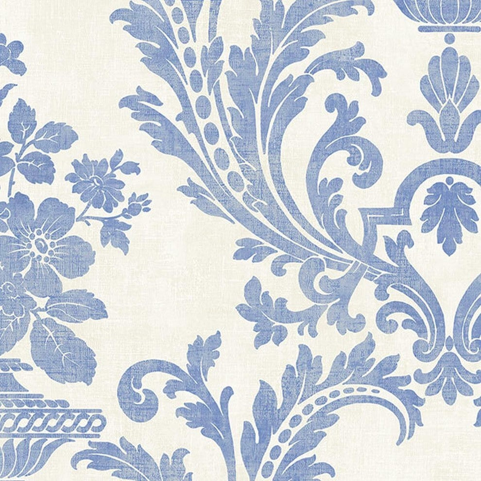 Stripes And Damasks, Classic Damask Stripes White, Blue Wallpaper Roll