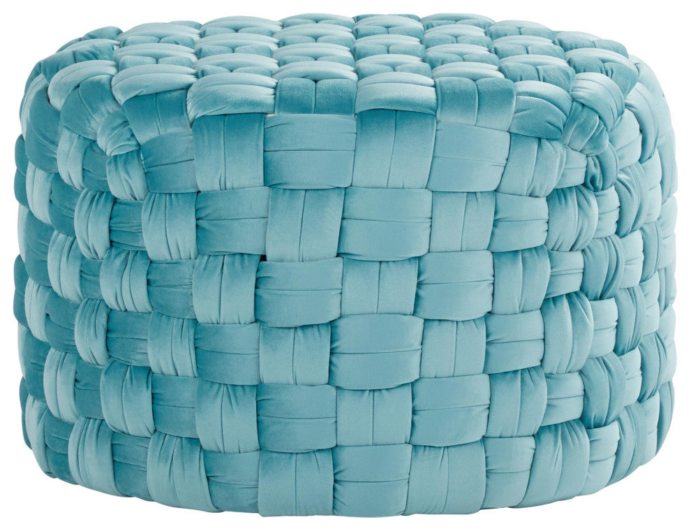 Braided Round Ottoman, Ice Blue Velvet, 24"