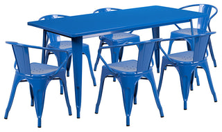 Commercial 31.5"x63" Blue Metal Indoor-Outdoor Table Set, 6 Arm Chairs