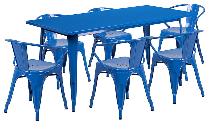 Commercial 31.5"x63" Blue Metal Indoor-Outdoor Table Set, 6 Arm Chairs